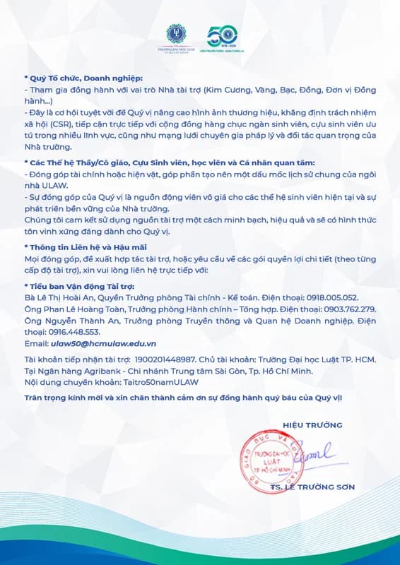 Thư ngỏ mời đồng hành và tài trợ: Kỷ niệm 50 năm Truyền thống và 30 năm ngày mang tên Trường Đại học Luật Thành phố Hồ Chí Minh (ULAW)